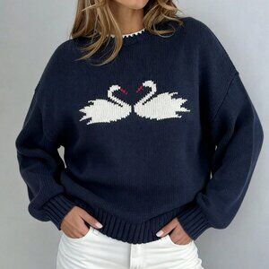 Navy Blue & White Swans Love Heart Sweater NEW Winter Spring fashion Size xl
